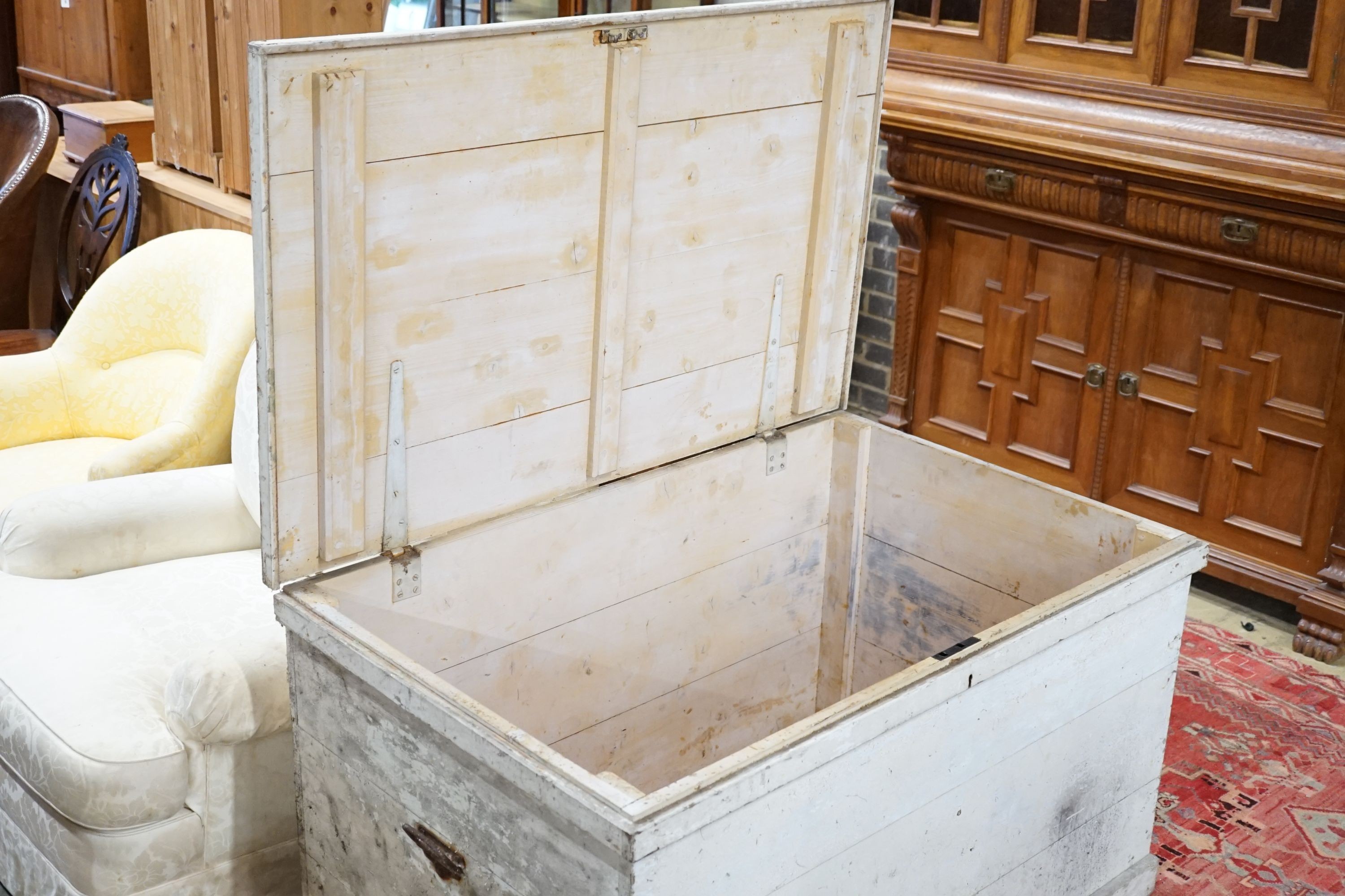 A large Victorian white painted pine trunk, length 123cm, depth 78cm, height 71cm